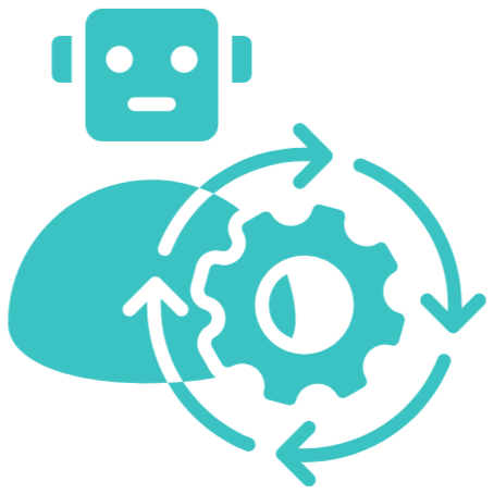 A robot with a gear icon. The gear has arrows around it in a circle.